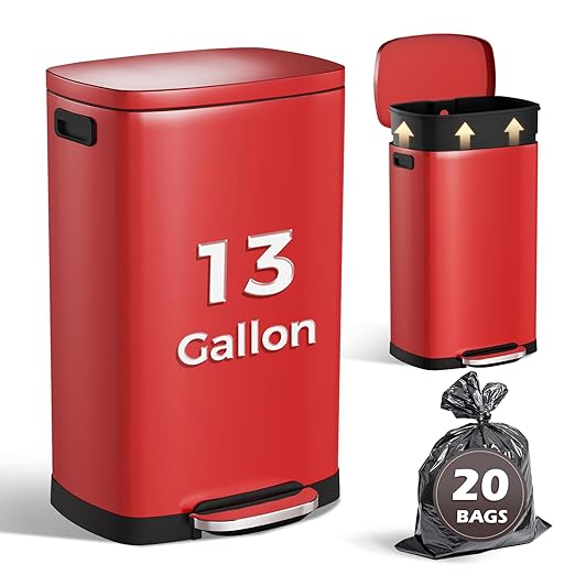 ELPHECO LPHECO Kitchen Trash Can with Lid Soft Close, 13 Gallon / 50L Stainless Steel Pedal Garbage Can, Heavy-Duty Step Wastebasket with 20 Bags, Removable Bucket, Home Office, Kitchen, Scarlet Red