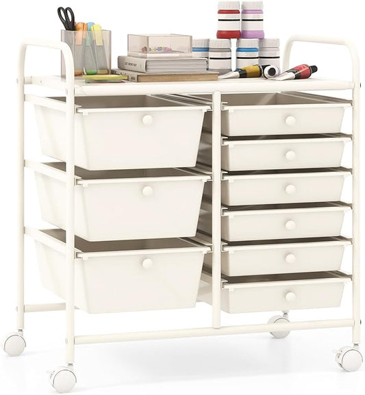 Giantex 9 Drawers Rolling Cart, Classroom Organizers, Storage Cart with Wheels, for Teacher Office Home School Supplies Tool Craft Art Paper, Ivory
