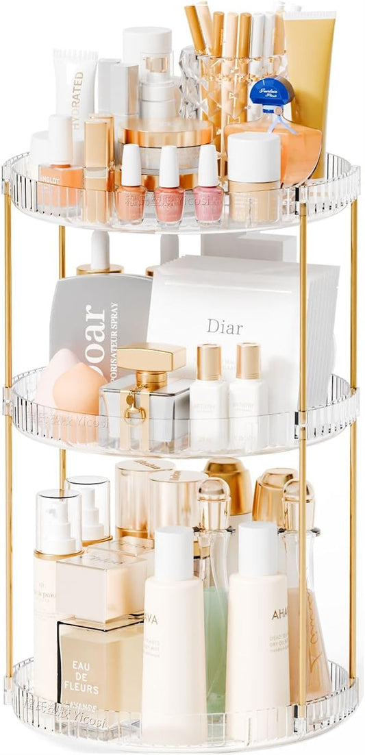 Yieach Acrylic 360 Rotating Makeup Organizer and Perfume Organizer,3 Tier Make Up Holder and Acrylic Skincare Organizers for Countertop,Vanity,Bathroom,Clear Spinning Beauty Organizer for Face Product
