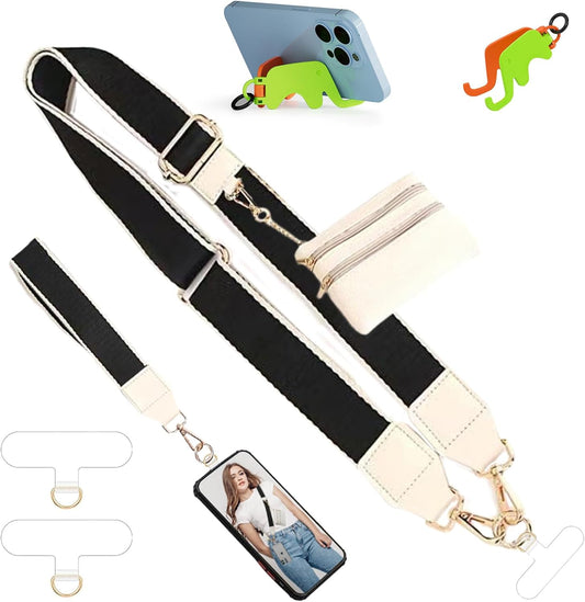 Clip and Go Strap for Phone with Wallet Crossbody iPhone Strap Lanyard for Women with Pouch Purse CellPhone Stand Holder 2 Patches Tether Adjustable Anti Theft Chain for All Phones Beige
