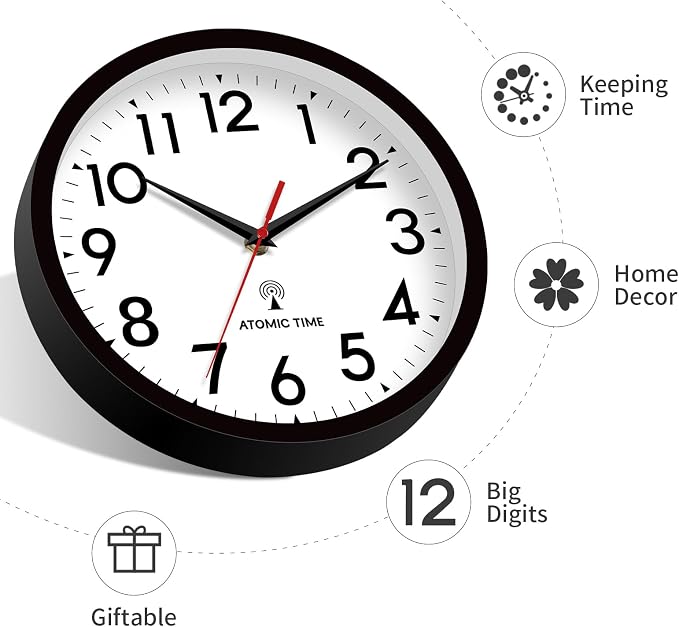 DAXSMY Atomic Wall Clock Analog 12 Inch Battery Operated Modern Decorative for Living Room Kitchen Office Bedroom Bathroom(Black)