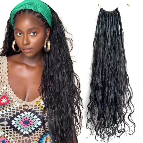Francesca Hair Pre-looped Crochet Boho Faux Locs with Human Hair body wave Ends Boho Hair Braids Goddess Dreadlocks Hair for Black Women Natural Color 22 Inch (Pack of 1)