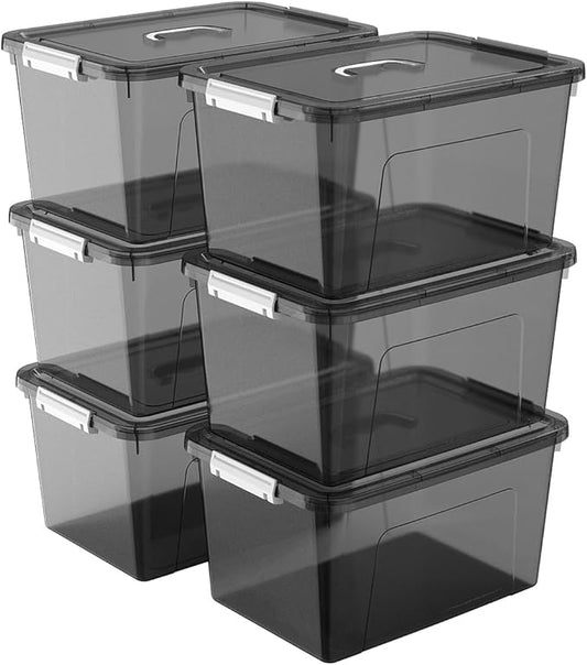 19 Quart Stackable Plastic Storage Bins with Lids, 6 Pack Clear Black Organizer Boxes with Secure Latches for Garage, Tools, Closet, Office, Durable Storage