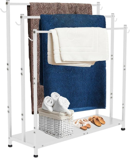 Extra Large Free Standing Towel Rack with Metal Storage Shelf & 6 Hooks for Bathroom, 3 Tiers Heavy Duty Blanket Drying Stand Holder for Outdoor Pool, Bedroom, Living Room, White