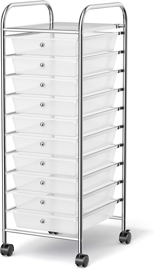 MEDIMALL 10 Drawers Rolling Storage Cart, Multipurpose Craft Storage Cart with Wheels, Mobile Tools Scrapbook Paper Organizer Cart for Office School Home Use (Clear)