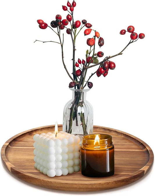 Acacia Round Wood Tray Decorative Serving Trays for Ottoman Coffee Table Candle Holder Tray Kitchen Counter Island Accents Home Decor Circle Circular Wood Centerpiece Trays for Dining Room Table