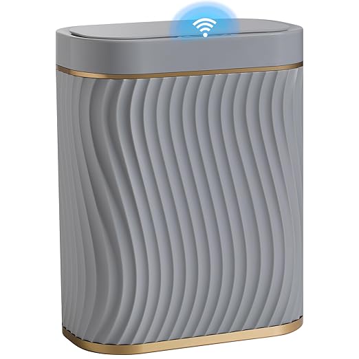 steo spce Bathroom Small Trash Can with Automatic Touchless Lid, 2.6 Gallon Smart Garbage Can Narrow Waterproof Trash Bin for Bedroom, Office, Living Room (Gold Grey)