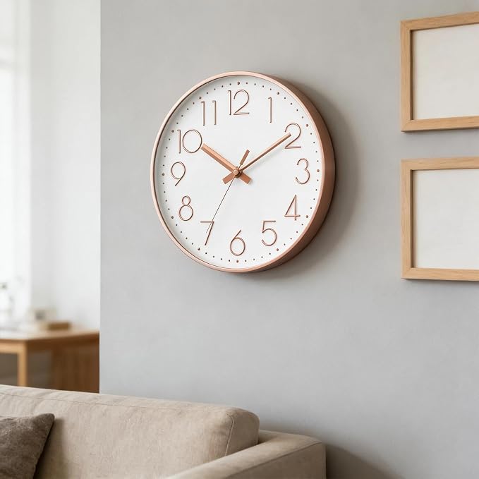 DAXSMY Wall Clock - 12 Inch Silent Non-Ticking Modern 3D Wall Clocks Battery Operated - Decorative Clock for Kitchen, Home Office, Bathroom, Bedroom, Living Room(Rose Gold)