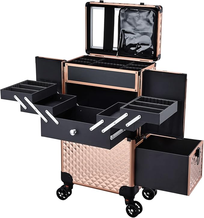 Professional Makeup Artist Rolling Train Case Multi-functional Cosmetic Train Case Large Trolley Storage Case for Nail Technicians Cosmetology Case for Hairstylist Rose Gold