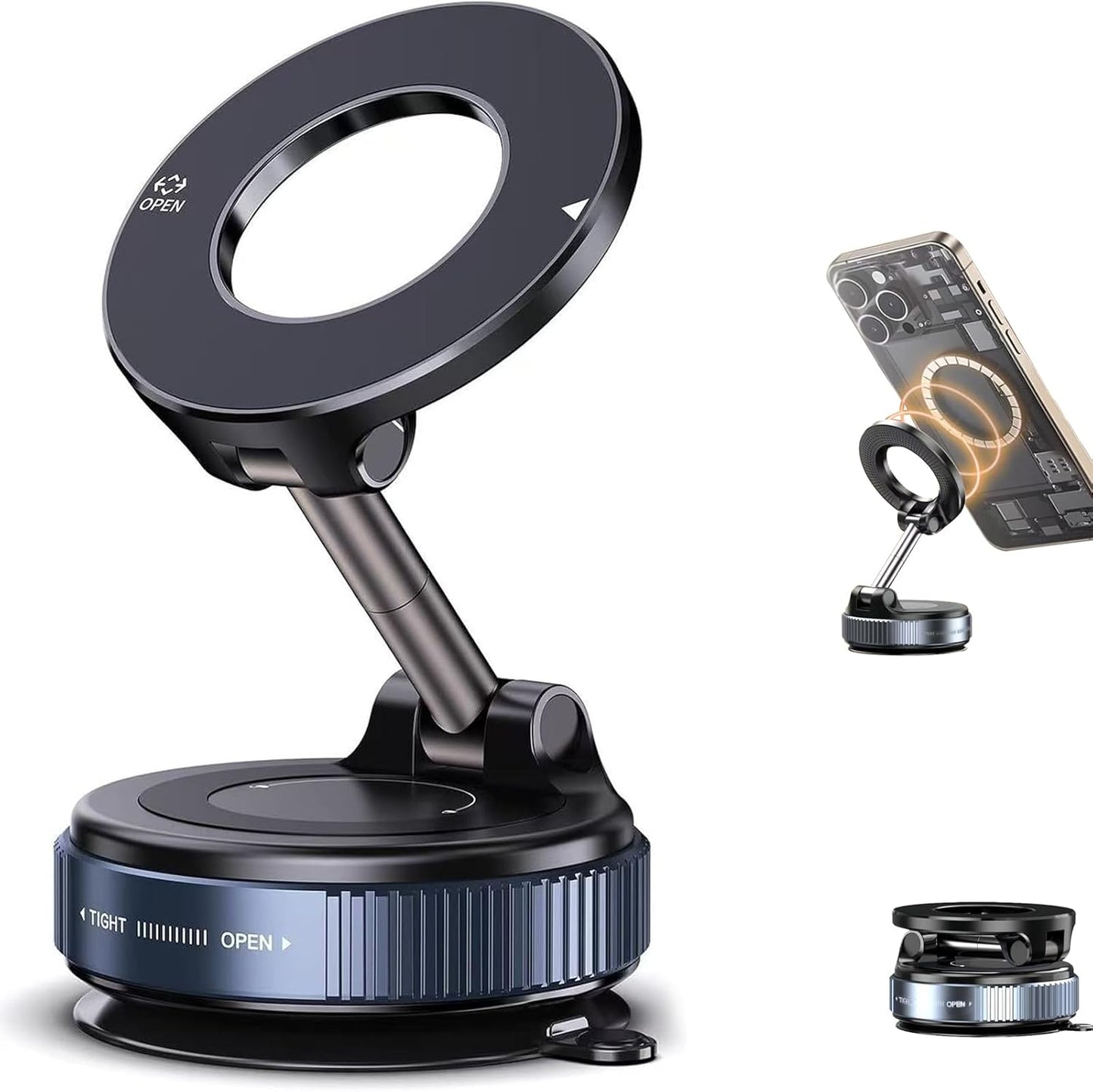 Vacuum Magnetic Phone Holder, 360° Adjustable Magnetic Car Mount, Foldable Portable Suction Cup Cell Phone Mount for Car/Gym/Mirror/Shower, Compatible with All Smartphones & All Car Models