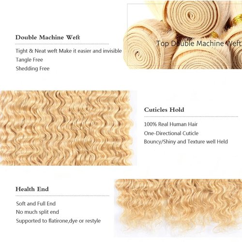 Habiliana Human Hair Bundles 16 18 20 Inch Blonde 613 Deep Wave Bundles Human Hair 100% Unprocessed Soft Sewn In with Double Drown Weft for Black Women