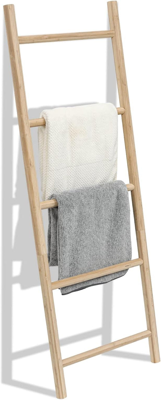 FUIN Fully Assembled 57in Bamboo Blanket Ladders Living Room Wood Decorative Wall Leaning Farmhouse Quilt Display Holder Rustic Wooden Towel Rack for Bathroom, Unfinished