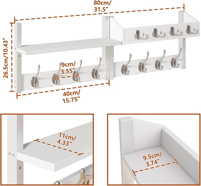 YMYNY 31.5" Coat Rack Wall Mount with Shelf, 4 in 1 Key and Coat Hanger with 12 Metal Hooks, Wall Shelf with Hooks & Mail Holder for Living Room, Bedroom, White, HWS007W-2