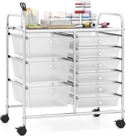 Giantex 9 Drawers Rolling Cart, Classroom Organizers, Storage Cart with Wheels, for Teacher Office Home School Supplies Tool Craft Art Paper, Clear