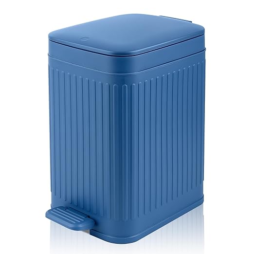 rejomiik Small Bathroom Trash Can with Lid Slim Soft Close Garbage Can Step Wastebasket Container Trash Bin for Office Bedroom Kitchen Living Room 1.9 Gallon, Navy Blue
