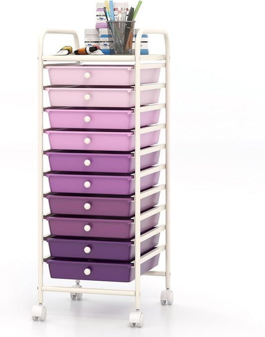 COSTWAY 10-Drawer Rolling Storage Cart, Utility Mobile Trolley with Removable Drawers & Universal Casters & 2 Brakes, Versatile Flexible Drawer Organizer Cart for Home, Office, Purple Gradient