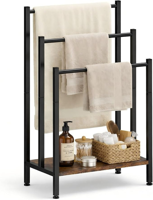 3 Tier Blanket Rack Stand, Freestanding Towel Rack with Wooden Shelf, 17.1" L x 11" W x 32" H, Quilt Display Stand for Bathroom, Bedroom, Living Room, Rustic Brown