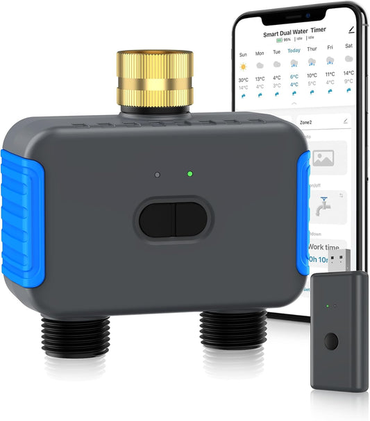 WiFi Sprinkler Timer, 2 Zone Smart Bluetooth Hose Timer, Programmable Automatic Irrigation System with Remote APP, Compatible with Alexa Google, Watering for Outdoor Garden Yard Lawn