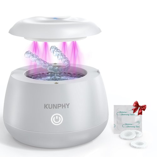 KUNPHY Dental Cleaner | Ultrasonic Retainer Cleaner Machine | 48kHz Dental Cleaning Pod | Aligner, Nightguard, Mouth Guard, Denture | Oral Dental Care | UV Cleaner with Retainer Tablets | White