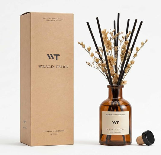WEALD TRIBE Reed Diffuser Set for Bathroom Shelf Decor, Sticks Diffuser with Essential Oils Included | Early Summer Gardenia Scent 4.0 fl oz Fragrance Oil | Defusers for Home Apartment Essentials