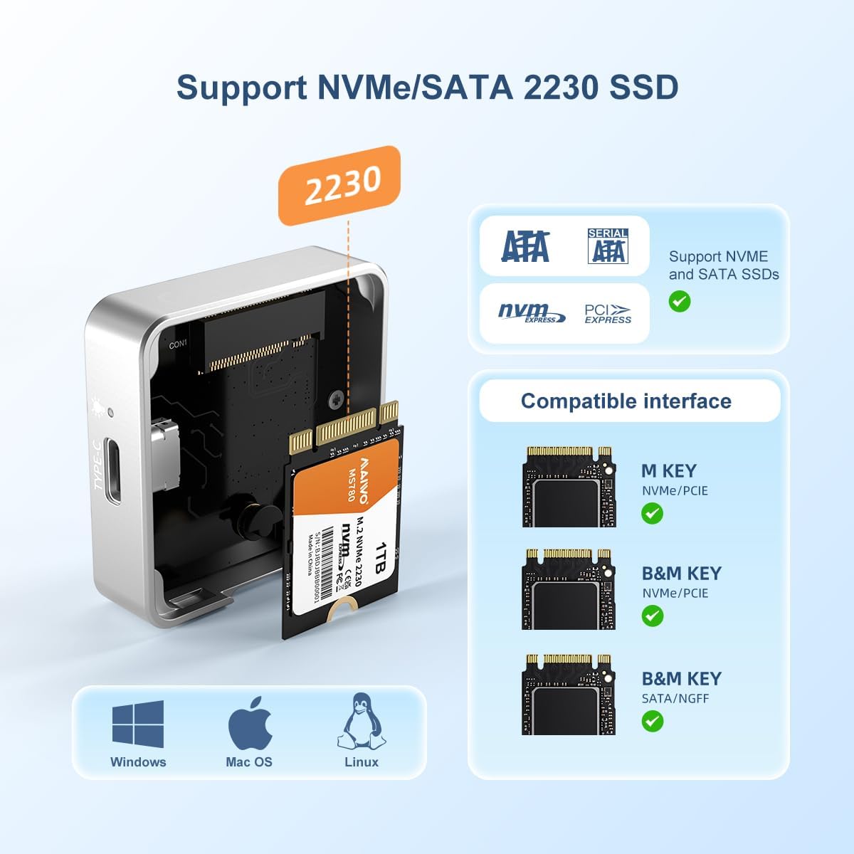 MAIWO USB-C Enclosure for M.2 2230 PCIe NVMe NGFF SATA SSDs, 10Gbps Full Metal Compatible with iPhone 15/16 Pro/Pro Max 4K ProRes Recording, Windows, macOS, Linux