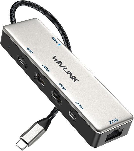 USB C Hub 2.5G Ethernet, WAVLINK 10Gbps USB C 3.2 Hub with 100W Power Delivery, 4K@120Hz HDMI 2.1, 3*USB3.2 Gen 2, 2.5G RJ45 Ports, Fit for MacBook Pro/Air iPad Dell HP Lenovo Asus Acer