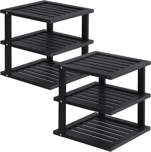 2 Pack Bamboo Corner Shelf,3 Tier Kitchen Cabinet Organizer for Plates and Dishes,Pantry Storage and Spice Rack（Black）