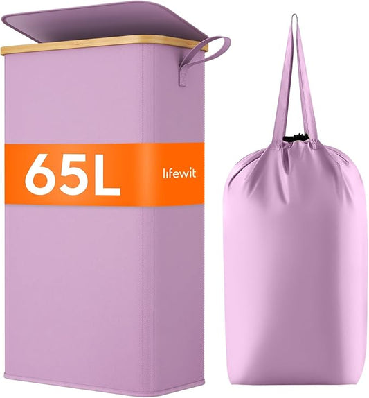 Lifewit 65L Slim Laundry Hamper with Lid, Narrow Laundry Basket with Removable Bag & Bamboo Handles, Fodable Thin Dirty Clothes Hamper for Laundry Collapsible Bin for Bathroom Bedroom Dorm, Purple