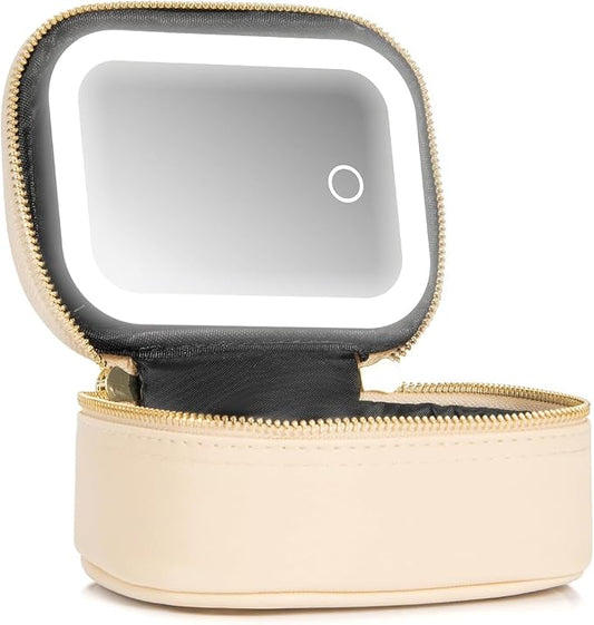 Mini Makeup Bag with Led Mirror,Small Travel Make up Bag 3 Light Modes Adjustable Brightness, for Women Organizer Cosmetic Bag, Portable Travel Train Toiletry Bag, for Pool Parties Work Touch-Ups