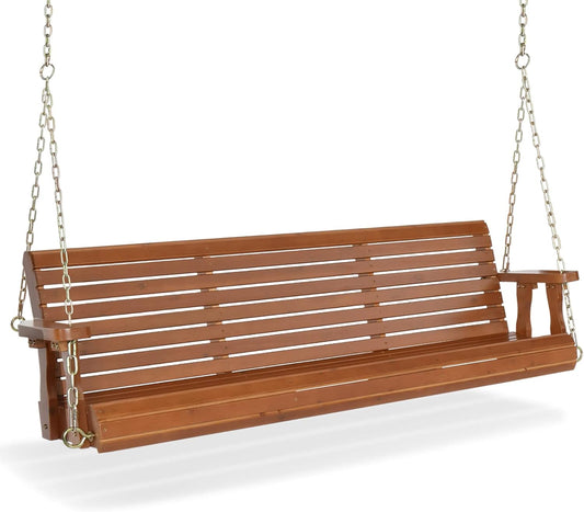 VINGLI Upgraded Patio Wooden Porch Swing for Courtyard & Garden, Heavy Duty 880 LBS Swing Chair Bench with Hanging Chains for Outdoors (Brown, 5 FT)
