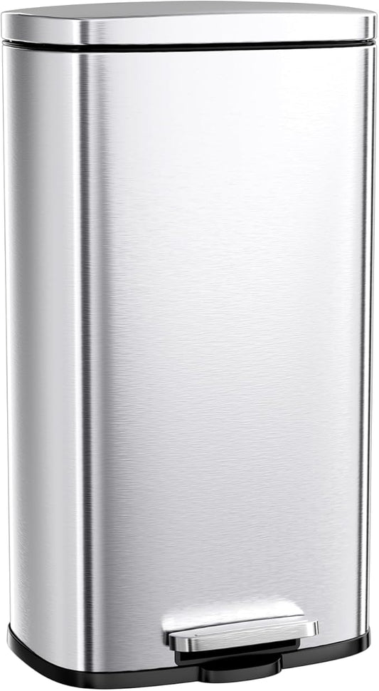 Arlopu 8 Gallon Step Trash Can, Stainless Steel Garbage Bin, Soft-Close Rubbish Bin with Removable Plastic Inner Bucket, Fingerprint-Proof, Lid Dustbin, Suit for Kitchen Home (Silver, 30L)