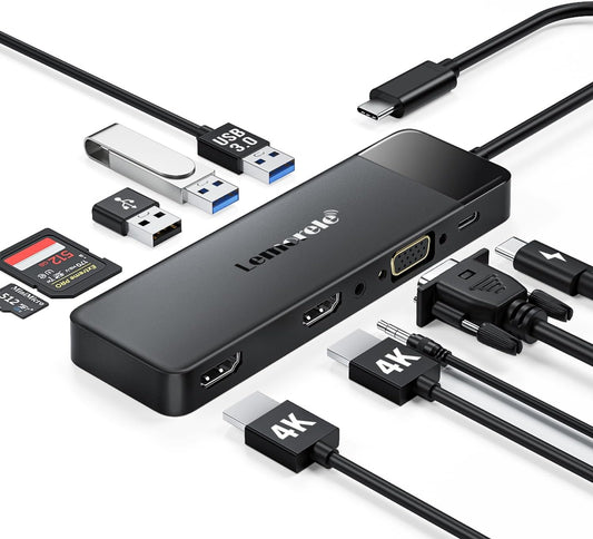 Lemorele USB C Docking Station for Laptop, 10 in 1 Triple Display Monitors Adapter w/4K Dual HDMI, 1080P VGA, 3 USB3.0/2.0, TF/SD 2.0, 3.5mm Audio, 100W PD, for MacBook, HP, Dell, Lenovo, Surface