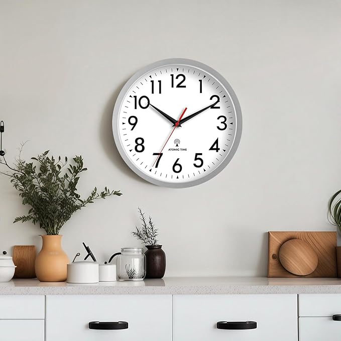 DAXSMY Atomic Wall Clock Analog 14 Inch Battery Operated Modern Decorative for Living Room Kitchen Office Bedroom Bathroom(Silver)