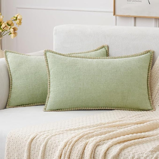 MIULEE Pack of 2 Lumbar Summer Throw Pillow Covers 12x20 Inch Light Green Farmhouse Decorative Pillow Covers with Stitched Edge Soft Chenille Solid Dyed Pillow Covers for Couch Sofa Bed Living Room
