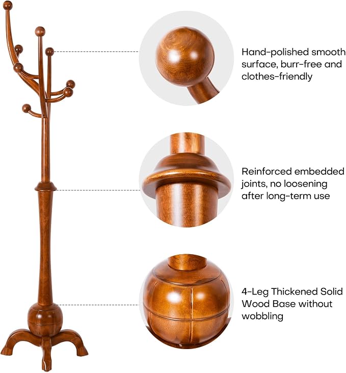 Coat Rack Freestanding Wood Coat Tree with Stable Sphere Base, Light Brown | 8 Hooks Tree Branch Design, Heavy Duty Standing Coat Hanger for Entryway, Hallway, Bedroom, Foyer; Hangs Coats, Hats, Bags
