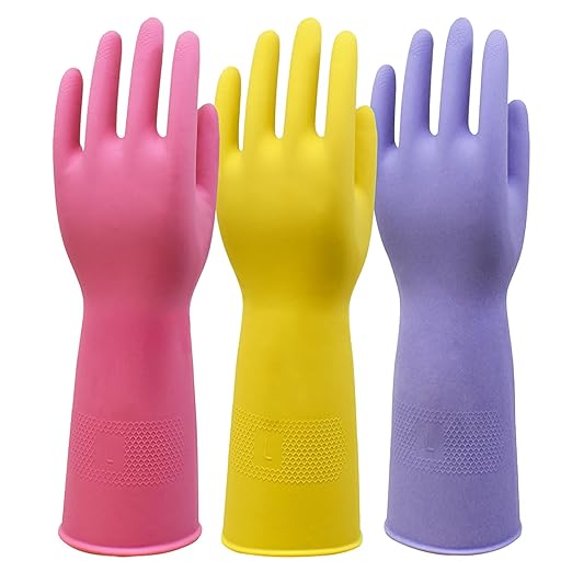 Rubber Kitchen Cleaning Gloves, Reusable Dishwashing Gloves, Non-Slip, with Flocked Liner, 3 Pairs (Pink+Yellow+Blue) (Large)
