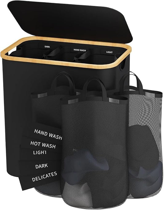 Laundry Hamper 3 Section, 145L Dirty Clothes Hamper with Lid, Extra Large Laundry Basket Organizer with Removable Inner Bags & Labels for Laundry Room, Bedroom, Black