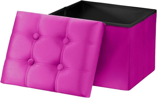 AmasSmile Storage Ottoman Foot Rest Stool, 17 inch Velvet Footstool Bench, Hot Pink Short Ottomans Stool, Small Folding Storage Ottoman Store Books, Record