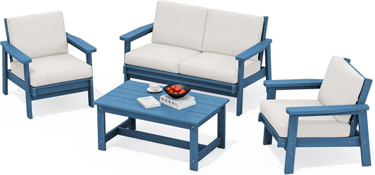SERWALL 4 Piece HDPE Outdoor Furniture Set, All Weather Wood-Like Outdoor Sofa Sectional Couch, Bllue Patio Furniture Set with Khaki Cushions