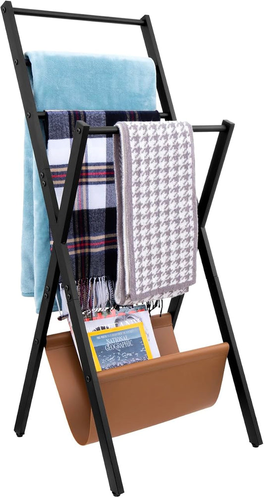 MyGift Blanket Ladder, Freestanding Blanket and Towel Rack with 4 Crossbars and Tan Leatherette Magazine Storage Holder – Modern Metal Floor Living Room or Bathroom Organizer Stand