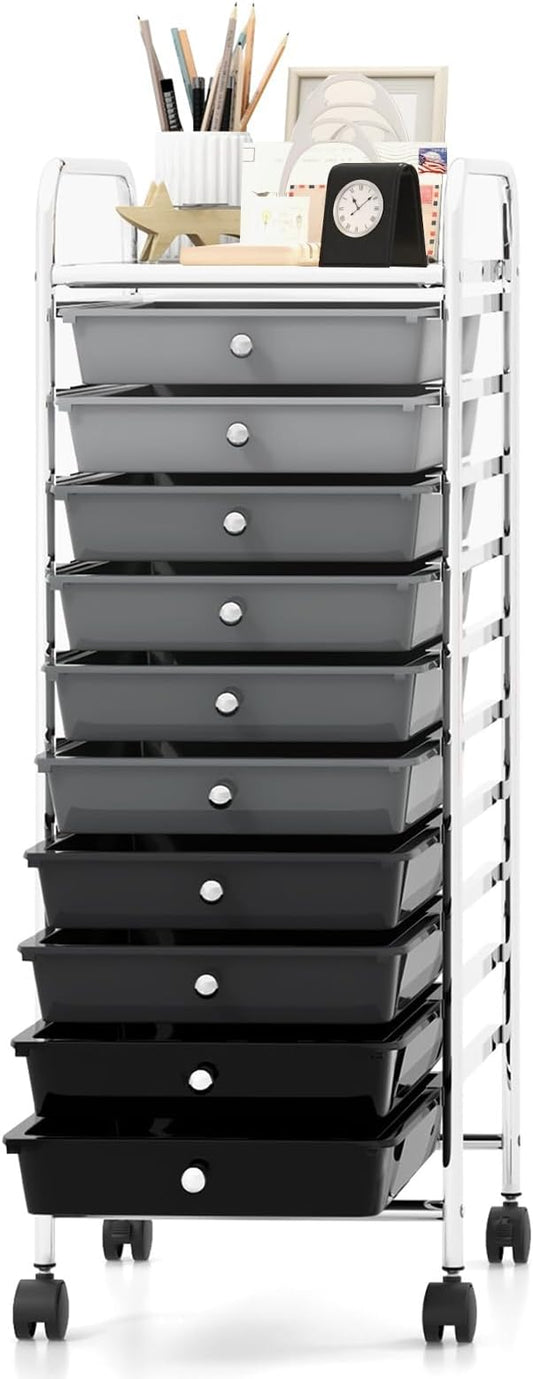 MEDIMALL 10 Drawers Rolling Storage Cart, Multipurpose Craft Storage Cart with Wheels, Mobile Tools Scrapbook Paper Organizer Cart for Office School Home Use