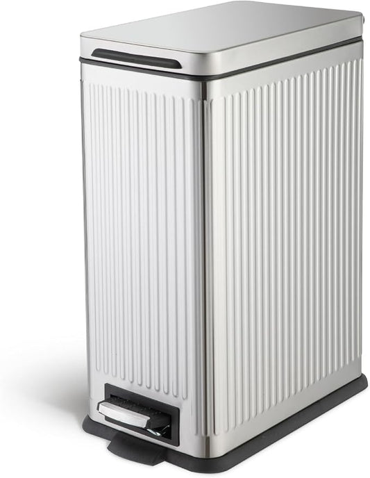 Home Zone Living 8 Gallon Kitchen Trash Can with Slim Fit Design | Stainless Steel with Soft-Close Step Pedal Lid, Bag Tuck Band for Easier Bag Changes, Rectangular Shape, Reeded Style, Silver