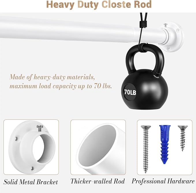 Closet Rod Adjustable 17 to 83 Inch, 1-1/4” Diameter, Closet Rods for Hanging Clothes, Stepless Metal Heavy Duty Hanging Rod for Closet Wardrobes Laundry RV (White)