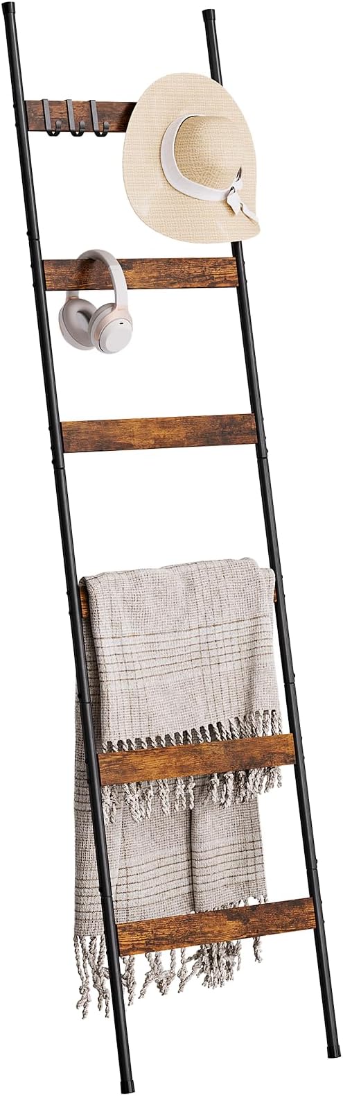 ELYKEN Blanket Ladder for Living Room, Farmhouse 6-Tier Quilt Holder with 4 Removable Hooks for Bathroom, Wood Towel Rack Display, Wall Anchor Leaning Decorative Stand for Home, Rustic Brown