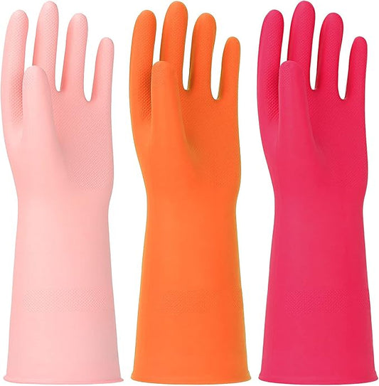 3 Pairs Rubber Cleaning Gloves Latex Free Dishwashing Gloves - 13" Reusable Nitrile Gloves Large, Orange+Pink+Red