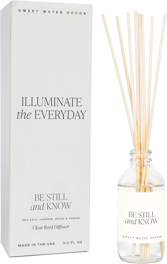 Sweet Water Decor Be Still & Know Clear Reed Diffuser Set – Aromatherapy Home Fragrance with Sea Salt, Jasmine, Cream & Wood Notes – Long-Lasting Scent for Bedroom & Bathroom – Lasts Up to 4 Months