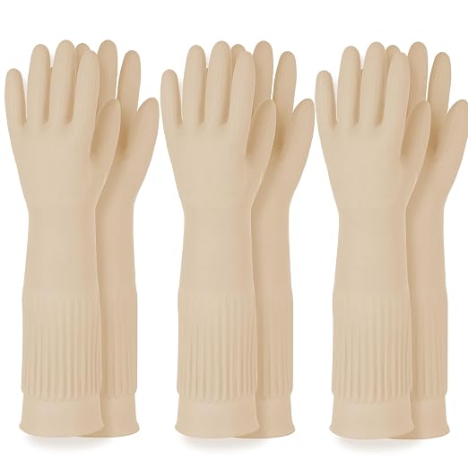 DABOGOSA Reusable Waterproof Household Dishwashing Cleaning Rubber Gloves, Non-Slip Kitchen Glove (Ivory, XL (Pack of 3))