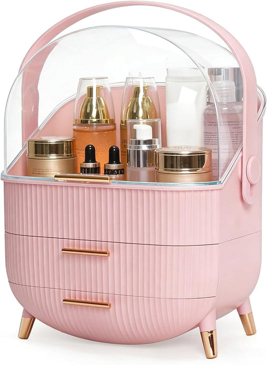 Makeup Organizer with Drawers & Lid - Portable Large Cosmetic Storage Case for Vanity Countertop, Travel, Gift for Women, Girls, 11"×7"×15", Pink