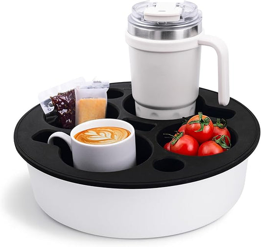 Couch Cup Holder Tray Round, Bonfixe 4-Cups Bedside Drink Holder for Elderly/Pregnancy, Stable Non-Spill Silicone Couch Caddy for Remote Control, Glasses‌, Snacks, Phones‌ (White-Black)