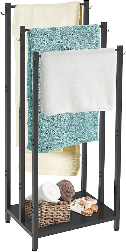44 Inch Tall Free Standing Towel Rack with Metal Storage Shelf & 6 Hooks for Bathroom, 3 Tiers Heavy Duty Blanket Drying Stand Holder for Outdoor Pool, Bedroom, Living Room, Black